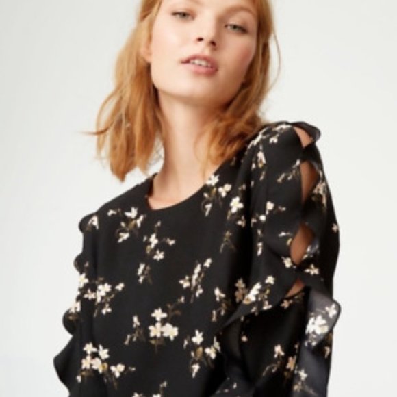 Club Monaco Floral Print Fancy Ruffled sleeves with keyholes Black Dress 00 - Picture 5 of 8